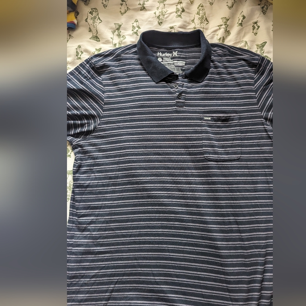 $$Hurley black and gray striped polo